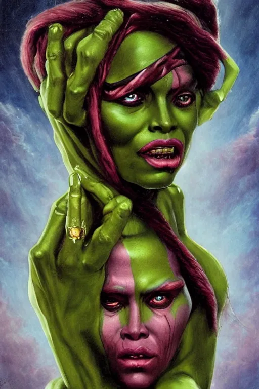 Image similar to Baroque painting of Gamora, inspired by Gustav Moreau and Wayne Barlowe, exquisite detail, hyper realism, ornate, exquisite detail, cute face