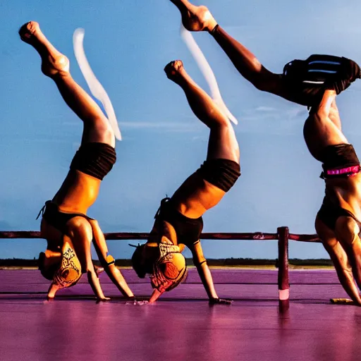 Prompt: muay thai athletes doing an extreme contortion choreography, dance photography, pastel colors palette, sport photography, high detail, zoom in, foreshortening, natural light