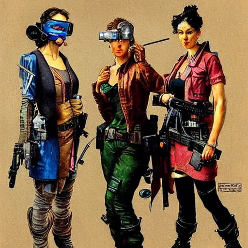 Image similar to portrait of three cyberpunk female outlaws, by norman rockwell