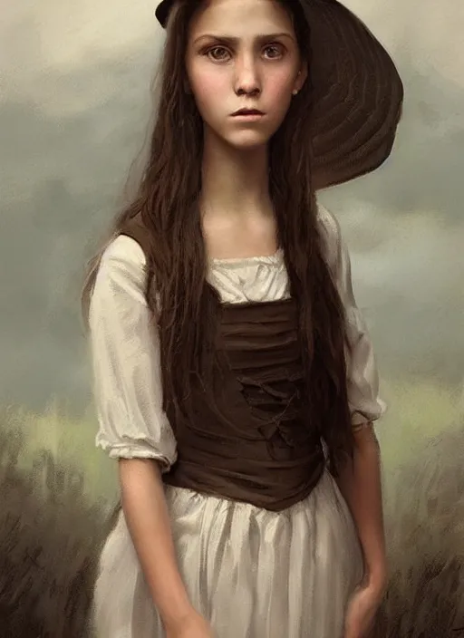 Image similar to a portrait of a thirteen year old girl with brown hair and a stern expression. she is wearing a simple dress and a black pointed witch hat. beautiful painting with highly detailed face by greg rutkowski and raymond swanland