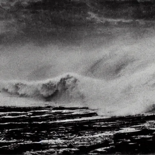 Image similar to grainy 1800s photo of a huge tidal wave of mud about to engulf a city