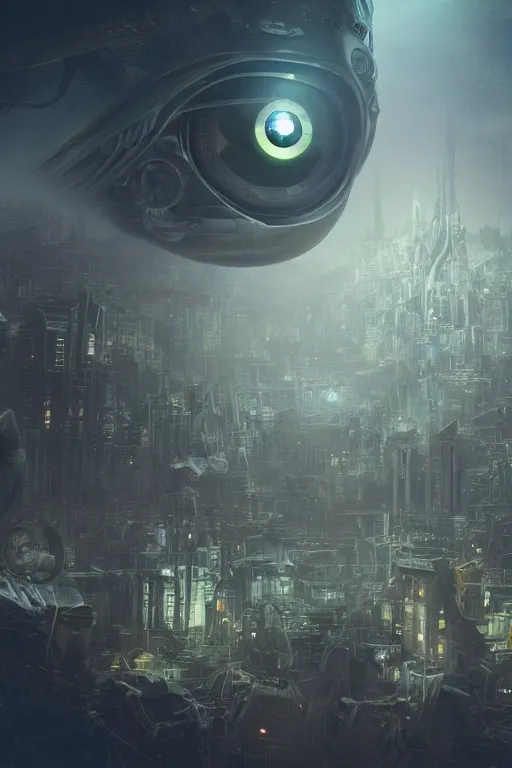Prompt: biomechanical robot eye overlooking a desolate metropolis, fantasy, volumetric lighting, professional illustration