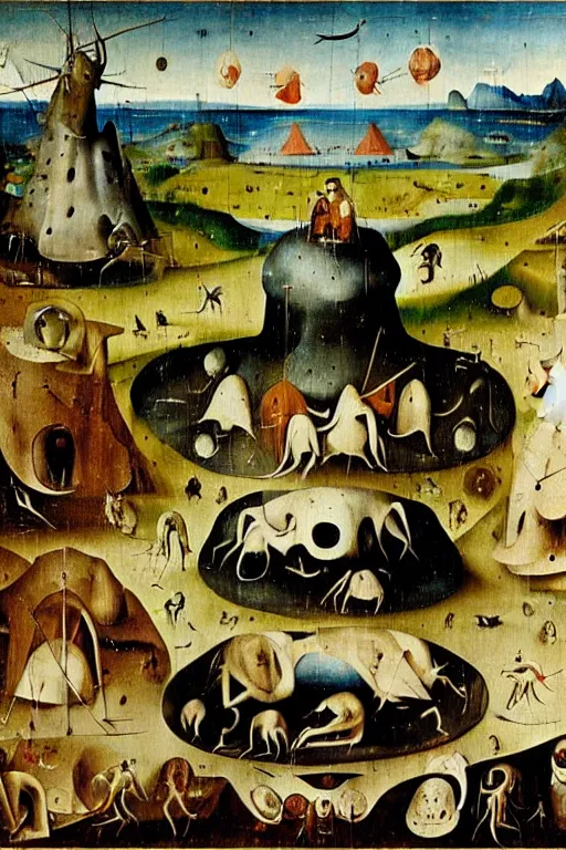 Image similar to a beautiful landscape with weird creatures by hieronymus bosch and dali