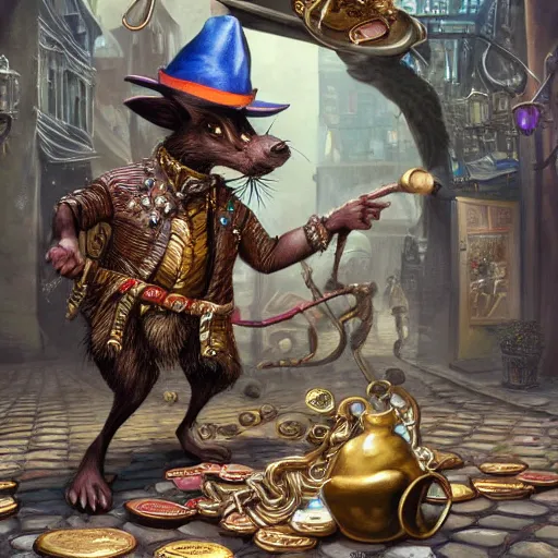 Image similar to anthropomorphized rat thief stealing gold coins from a shop, wearing fancy hat and clothes, concept art, insanely detailed and intricate, hypermaximalist, elegant, ornate, hyper realistic, super detailed, art deco, cinematic, trending on artstation, magic the gathering artwork