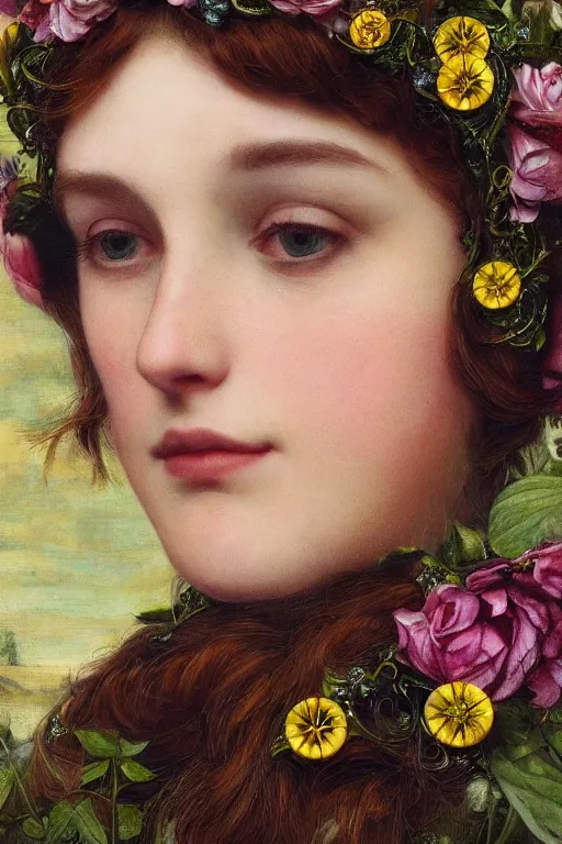Image similar to close-up portrait of a beautiful young cyborg woman with a big steampunk flower crown, Pre-Raphaelite