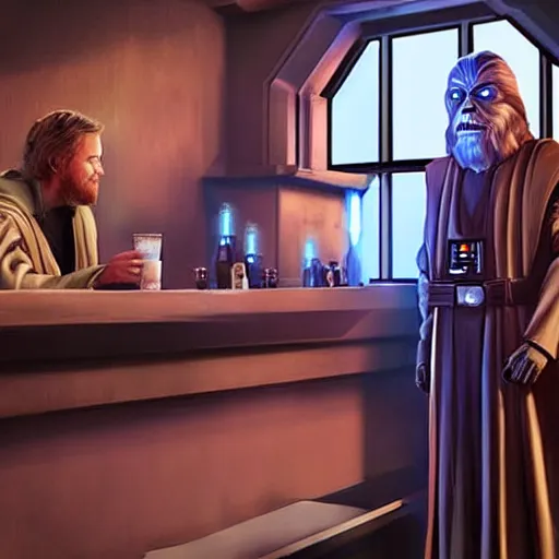 Image similar to star wars palpatine and obi wan drin beer in a sci - fi bar, movie still, screenshot, photorealistic painting, fanart, highly detailed