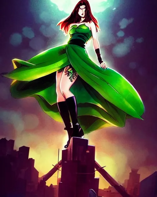 Image similar to artgerm, eiichiro oda, Rafael Albuquerque comicbook cover, cinematic lighting, beautiful Anna Kendrick supervillain Enchantress, green dress with a black hood, angry, symmetrical face, Symmetrical eyes, full body, flying in the air over city, night time, red mood in background
