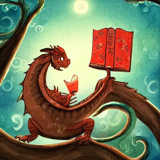 Image similar to cute dragon reading book under the stars, digital art