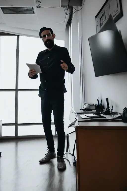 Image similar to high quality photo of mister undreal doing job work in office, masterpiece, aykut aydogdu, postivie, long shot, ground angle uhd 8 k, deep focus