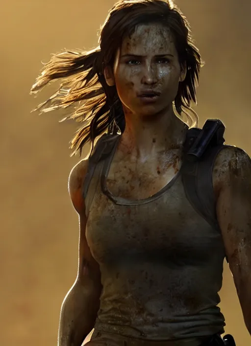 Image similar to a film still of lara croft as cop, her face muddy and sweat, direct sun light, close up potrait, cinematic, subsurface scattering