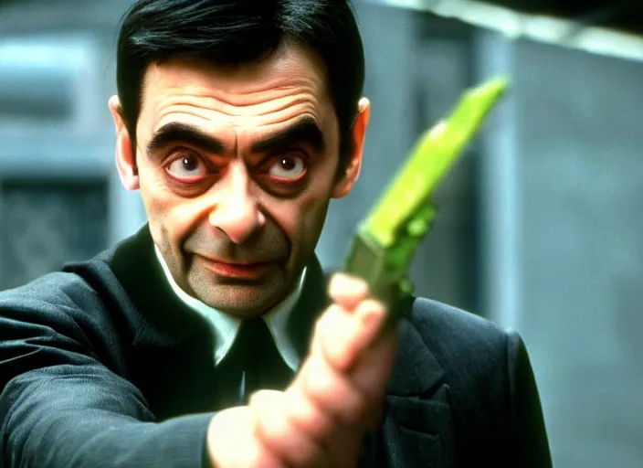 Prompt: hyper realistic, production still of mr. bean playing neo in matrix ( 1 9 9 9 ), 4 k, highly detailed, anamorphic