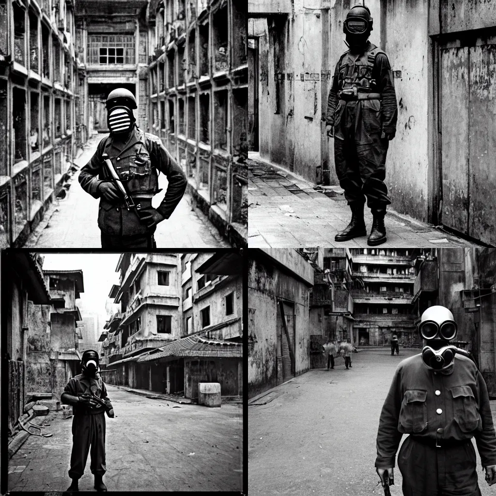 Prompt: A photograph of a man in a gas mask and military fatigues, in the Kowloon Walled City. Film Noir. High Contrast. Black and White.