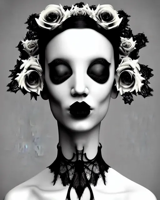 Prompt: dreamy surreal poetic black and white 3D render of a beautiful young porcelain female-creature-cyborg-vegetal with a very long neck and a super big gothic lace collar filled with dead flies and a very high big floral crown with many black dry roses:: smoke, high fashion, haute couture, rococo, avant-garde, elegant, dreamy, hyper realistic, 150 mm lens, soft rim light, octane render, unreal engine, volumetric lighting, dramatic light,8k,