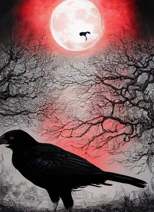 Image similar to portrait, A crow in front of the full big moon, book cover, red white and black colors, establishing shot, extremly high detail, foto realistic, cinematic lighting, pen and ink, intricate line drawings, by Yoshitaka Amano, Ruan Jia, Kentaro Miura, Artgerm, post processed, concept art, artstation, matte painting, style by eddie mendoza, raphael lacoste, alex ross