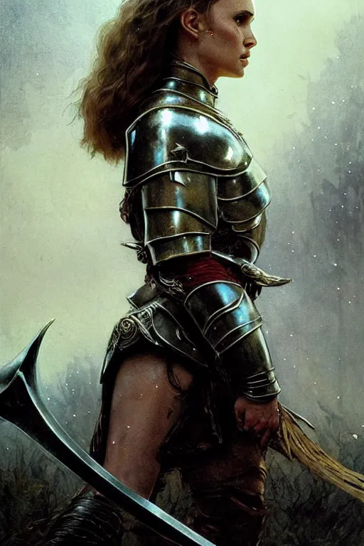 Image similar to natalie portman, warrior, partially clothed in metal battle armor, lord of the rings, tattoos, decorative ornaments, by carl spitzweg, ismail inceoglu, vdragan bibin, hans thoma, greg rutkowski, alexandros pyromallis, perfect face, fine details, realistic shading
