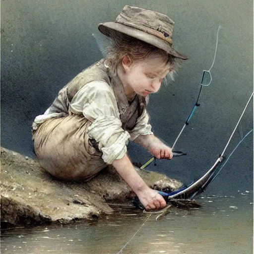 Image similar to ( ( ( ( ( fishing in a river, clear water. muted colors. ) ) ) ) ) by jean - baptiste monge!!!!!!!!!!!!!!!!!!!!!!!!!!!