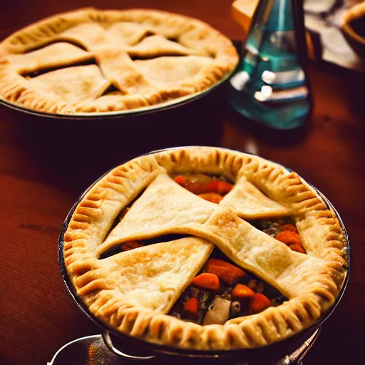 Prompt: a set of false teeth eating a pot pie, hyper realistic, photography, 3 5 mm