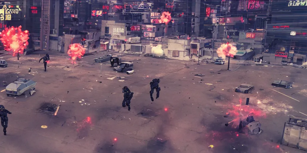 Prompt: 1991 Video Game Screenshot, Anime Neo-tokyo Cyborg bank robbers vs police, bags of money, Helipad, Multiplayer set-piece, Rooftop, Police officer hit, Bullet Holes and Blood Splatter, Hostages, Smoke Grenade, Sniper Fire, Chaotic, Cyberpunk, Money, Anime Bullet VFX, Machine Gun Fire, Violent, Action, FLCL, Shootout, Highly Detailed, 8k :4 by Katsuhiro Otomo + Studio Gainax + Arc System Works : 8