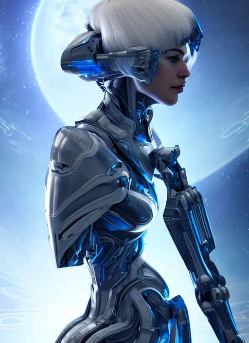 Prompt: photo of a cyborg girl on a space ship, warframe armor, scifi, white hair, blue eyes, professionally color graded, interesting angle, sharp focus, 8 k high definition, insanely detailed, intricate, innocent, art by stanley lau and artgerm