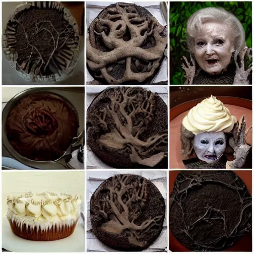 Image similar to betty white baking a cake horror atmospheric fog eldritch nightmare ancient forest vines