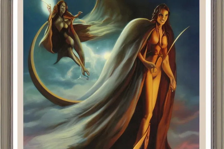 Image similar to vampire spellcaster sealer of the roll, art by boris vallejo, trending on artstation, moon light product view in the silver hour, realism, framed by gather, magic realism, realism