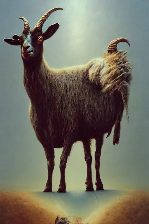 Prompt: painting of hybrid between andy milonakis and a goat, intercrossed animal, mixture animal, by zdzislaw beksinski, by tiffany bozic, cold hue's, warm tone gradient background, concept art, beautiful composition, digital painting