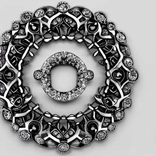 Image similar to intricate!! nordic ring and necklace and ear, silver and gold and diamond, isolated on a white background and a flower in the background, refraction, occlusion, filigree, lower and upper levels, keyshot render, octane render, vray render