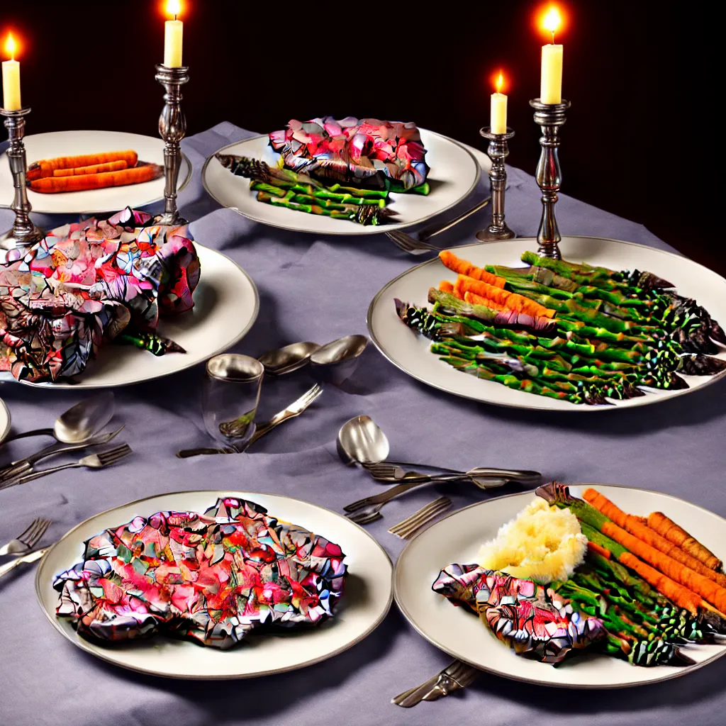 Image similar to product shot of a dinner with prime rib, asparagus, mashed potatoes and gravy, and steamed carrots with blue table cloth and lit candles in ornate silver candlesticks, ultra - realistic, photo realism, professional photograph, extreme detail, deep focus, laser sharp, volumetric lighting, atmospheric, luxury, elite