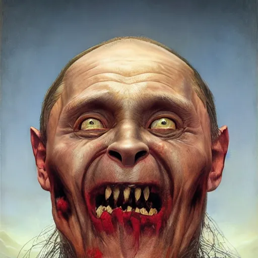 Prompt: vladimir putin, putin is bald prehistoric primate caveman, reptiloid reptile eyes, toothless, missing teeth, horror macabre face, clown nose, by donato giancola and greg rutkowski and wayne barlow and zdzisław beksinski, realistic face, digital art