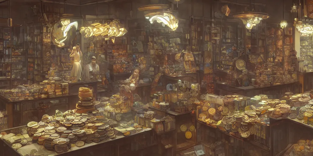 Image similar to modern coin shop with a lot of coins, 4 k, octane, digital painting, artstation, concept art, sharp focus, illustration, art by artgerm and greg rutkowski and alphonse mucha