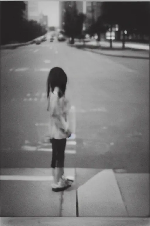 Image similar to photo polaroid of sad and lonely child in the middle of an empty street in a big city, photorealistic, 35mm film, black and white, polaroid,