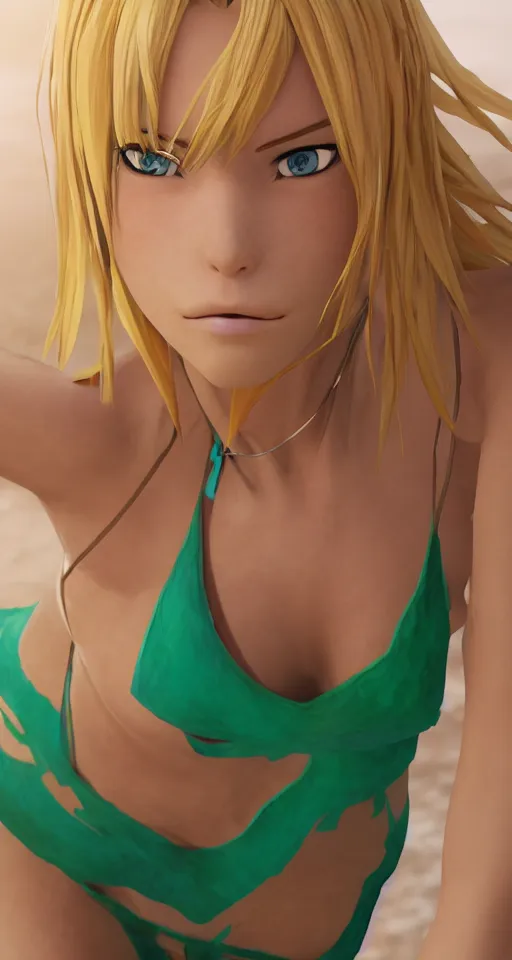Image similar to beautiful blond woman in orange tribal bikini, blond hair pulled back off the face, green eyes, by makoto shinkai, 8 k, high resolution render, cinematic, unreal engine, clean lineart and flat color,