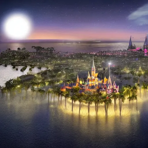 Prompt: the disney castle surrounded by giant palm trees on a giant floating island in the sky at night, a huge light bulb illuminates the island from above, cinematic, digital art by erik johansson, 8 k resolution, hyper detailed, sharp focus