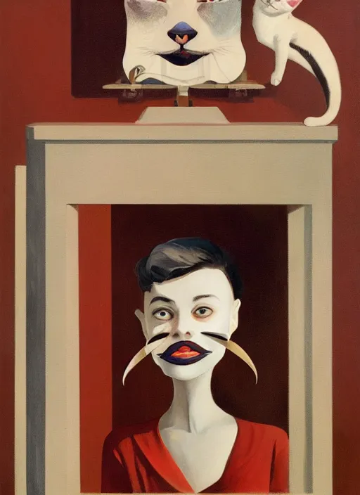 Image similar to portrait of a woman with cat face, metal teeth upsidedown by Edward Hopper and James Gilleard, highly detailed