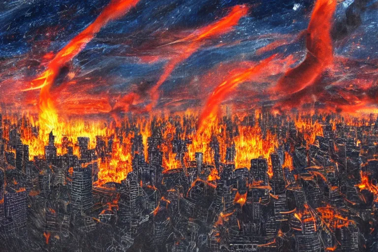 Prompt: destructive fire tornado in the city, photorealistic, highly detailed, sharp focus, vivid, colorful, symmetrical, random, convoluted, mind - blowing, creative, fully functional, end of the world, physics defying, amazing, global warming, night sky
