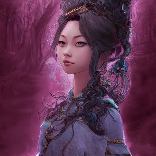 Prompt: character portrait of the asian princess in the castle in hell, color page, 4K, tone mapping, doll, Akihiko Yoshida, James_Jean_Andrei_Riabovitchev_Marc_Simonetti, Yoshitaka Amano, digital illustration, braided hair, ringlet, curls