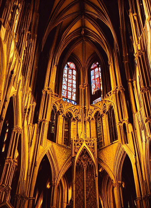 Prompt: a 3 5 mm photo of the interior of a gorgeous gothic cathedral, bokeh, canon 5 0 mm, cinematic lighting, dramatic, film, photography, golden hour, depth of field, award - winning, 3 5 mm film grain, retro, film, kodachrome