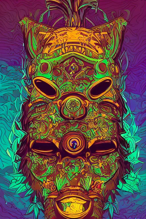 Image similar to animal mask totem roots flower tribal feather gemstone plant wood rock shaman vodoo video game vector cutout illustration vivid multicolor borderlands comics by josan gonzales and dan mumford radiating a glowing aura