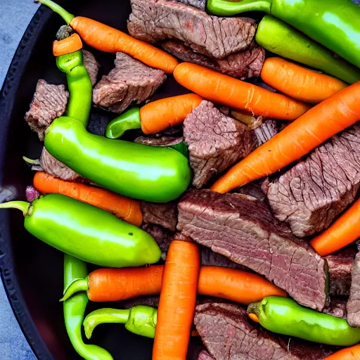 Image similar to carrots, beef, onion, cola, jalapeño peppers, professional photography, 8k, food photography