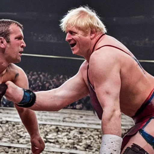 Prompt: film still of a gladiator arena duel fight, boris johnson wrestles emmanuel macron