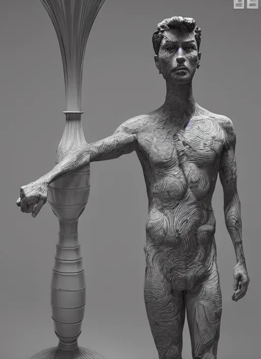 Image similar to a sculpture of a man standing next to a tall vase, a raytraced image by Hikari Shimoda, polycount, video art, vray tracing, ray tracing, rendered in unreal engine