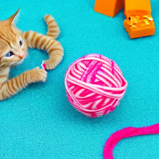 Image similar to orange tabby kitten playing with a ball of yarn, in lego, with pink background