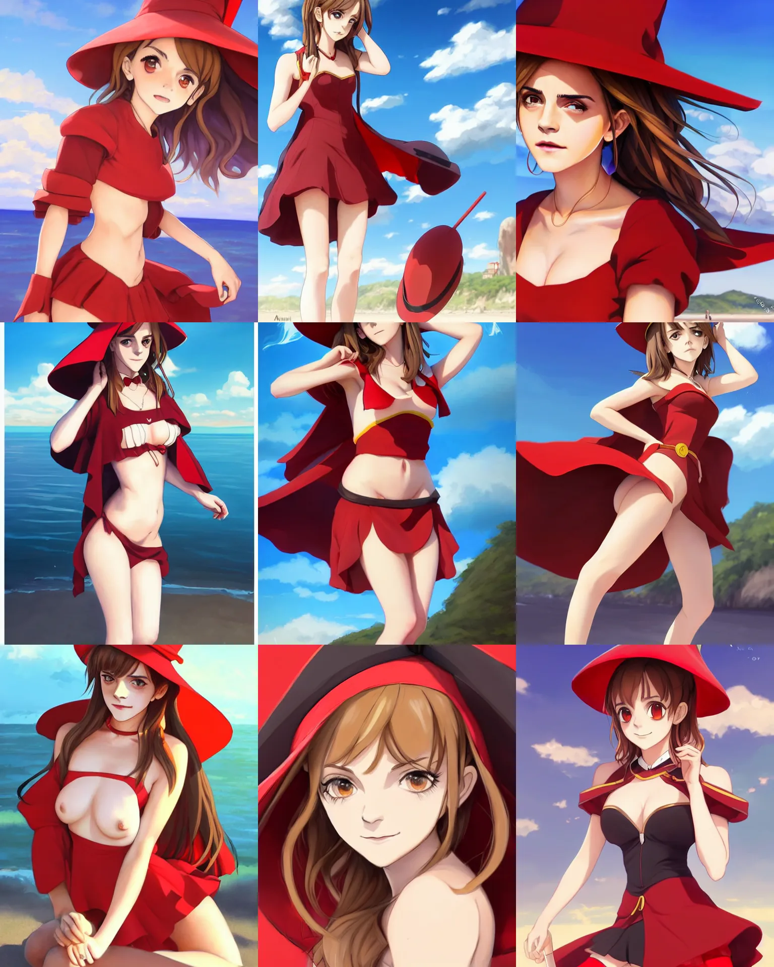 Prompt: Sensual beautiful perfect Emma Watson as Megumin , red dress and magic witch hat , loli , portrait , elegant , intricate , digital painting , artstation , spoon slim figure, seductive smile , full body shot , concept art , smooth , sharp focus , illustration , KonoSuba anime style , at the beach , art by artgerm and greg rutkowski and alphonse mucha