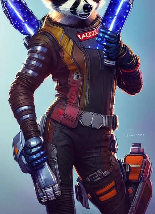 Image similar to portrait of apex legends rocket racoon, guardians of the galaxy, intricate, elegant, glowing lights, highly detailed, digital painting, artstation, glamor pose, concept art, smooth, sharp focus, illustration, art by artgerm and greg rutkowski, artey freytag