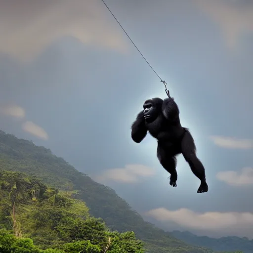 Image similar to high quality photo of a gorilla parachuting, realism, 8k, award winning photo