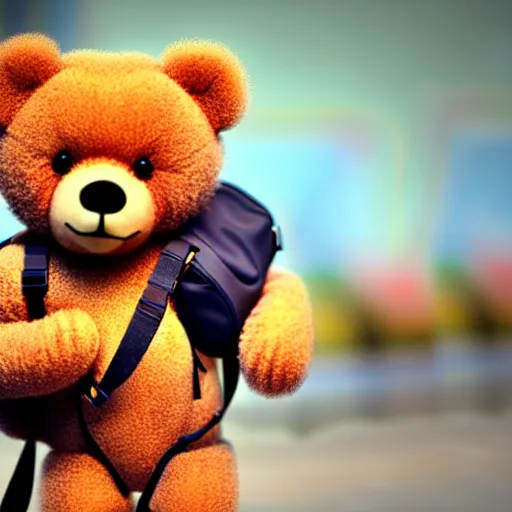 Image similar to a teddy bear with a backpack walking to school, photorealistic, close-up, 8K, 3D