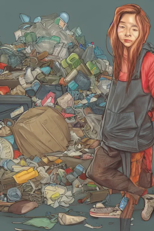 Prompt: fullstack of trash, realistic, art by jacqueline e, color by tafy laplanche, background by bo feng lin