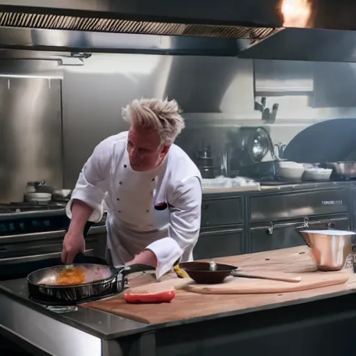 Image similar to hyper real Gordon Ramsey cooking a unicorn in kitchen 4k