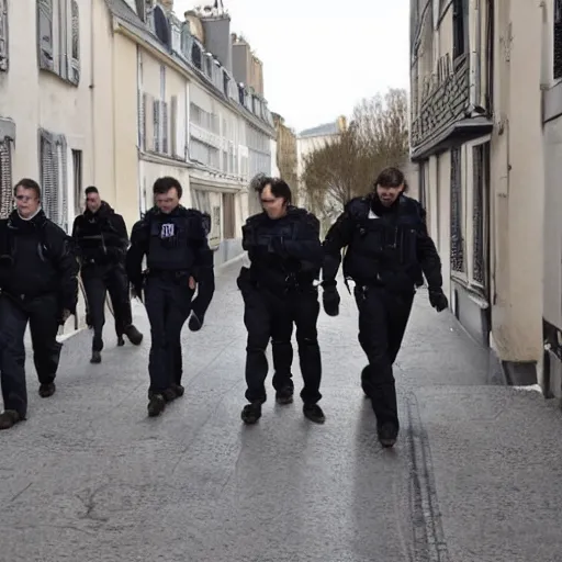 Image similar to a photo of several members of the french scientific police walking in an apartment in the morning