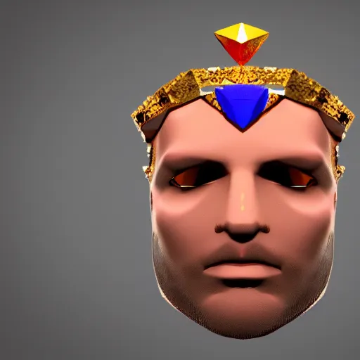 Prompt: low polygon gemstone that shaped like a low polygon face wearing a crown, 3 d render